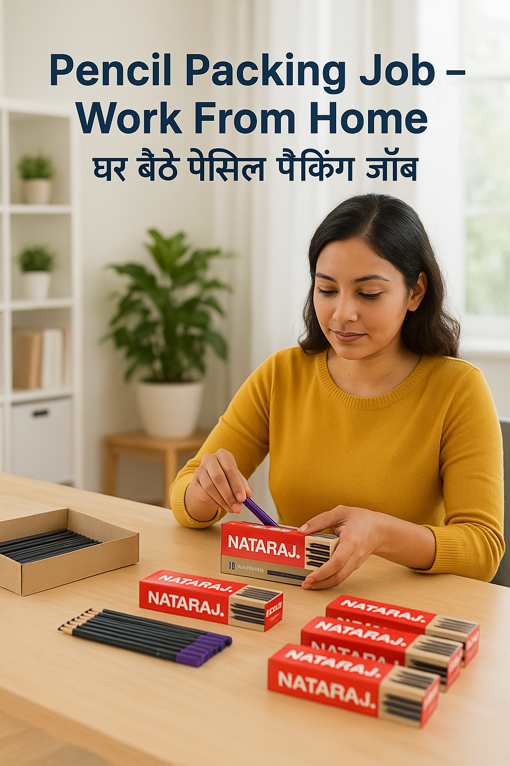 Woman packing pencils at home